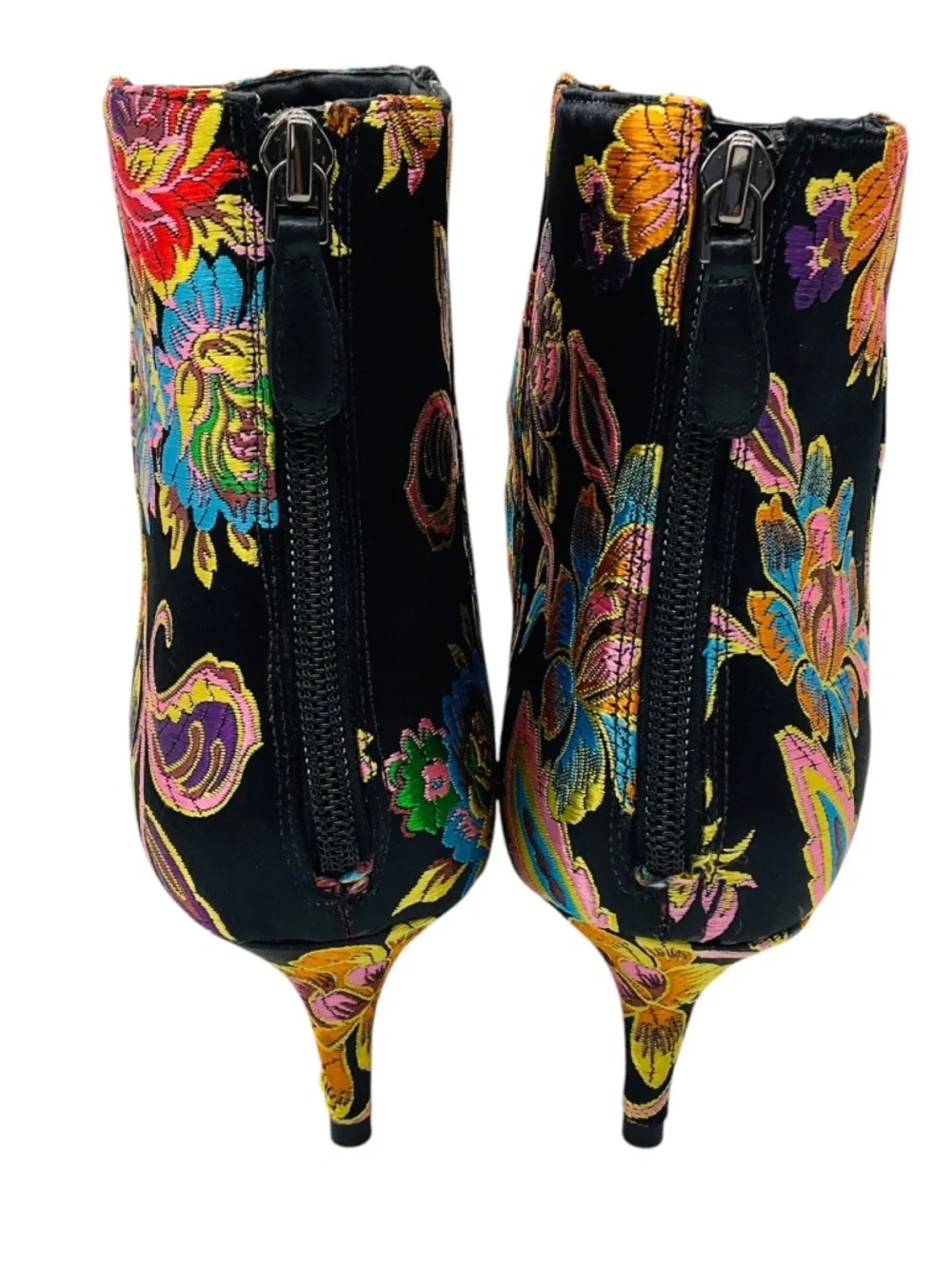 ALEXANDRE BIRMAN BLACK MULTI FLORAL JACQUARD SATIN ANKLE BOOTS